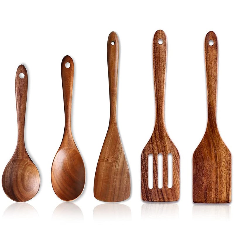 Renawe 5 Pcs Best Wooden Spoons for Cooking Kitchen Utensils Set Acacia Wood Cooking Spatula Turner Non Toxic Utensil Slotted Serving Spoon Flat Spatulas Set Wooden Utensis Mixing Cooking Spoon Kitchen Tools - Image 1